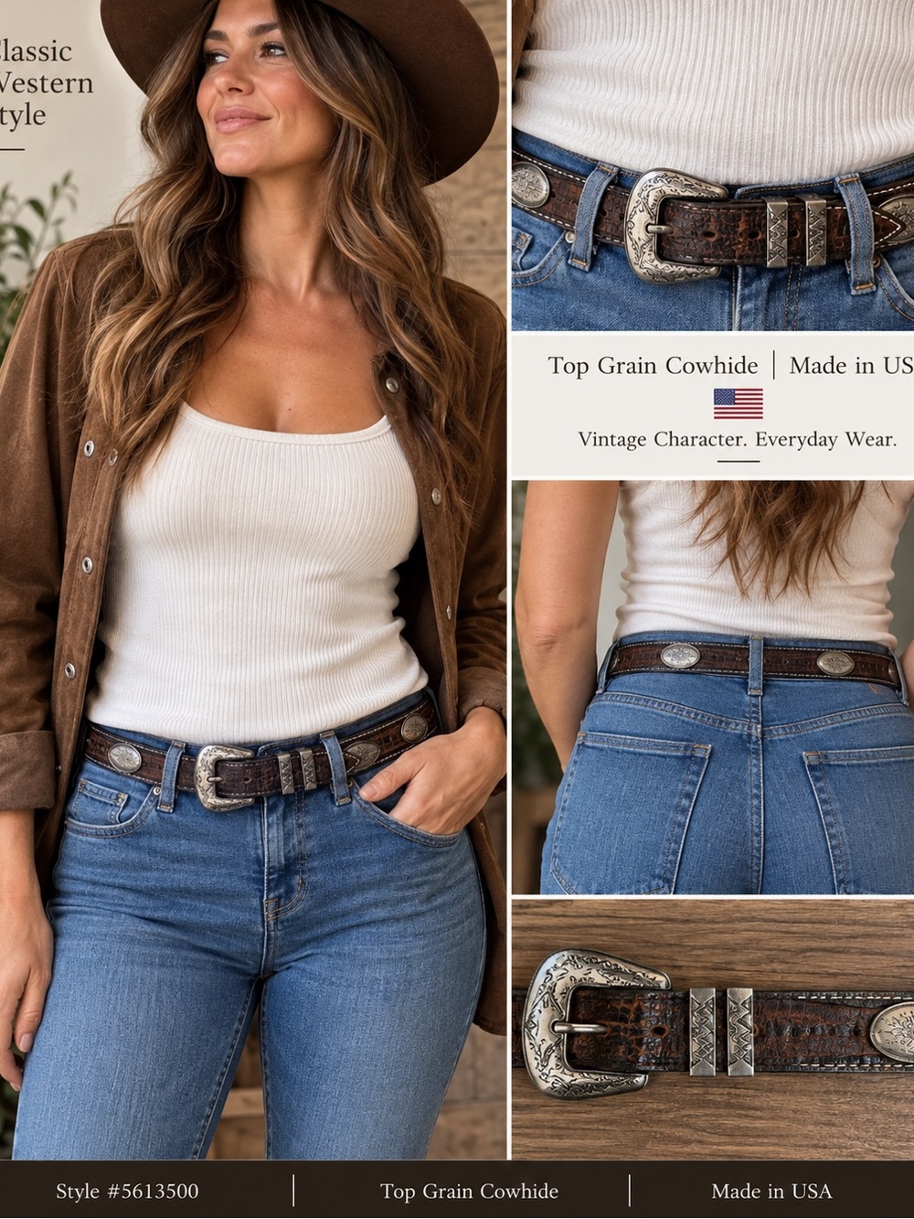 Vintage Western Concho Belt Brown Top Grain Cowhide Leather USA Made 41”